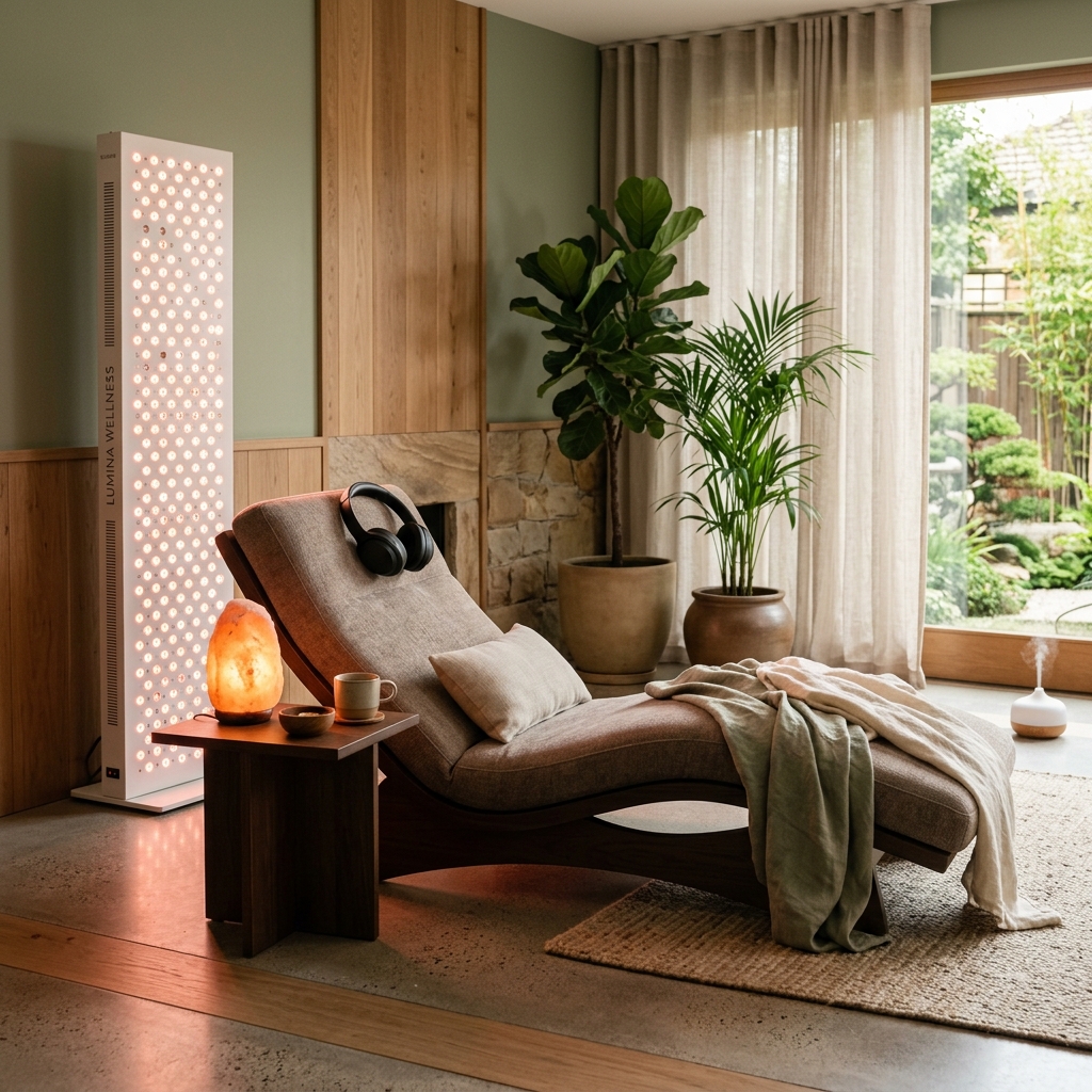 RevitaLife Sanctuary Wellness Station featuring red light therapy panel and vibroacoustic chaise lounge